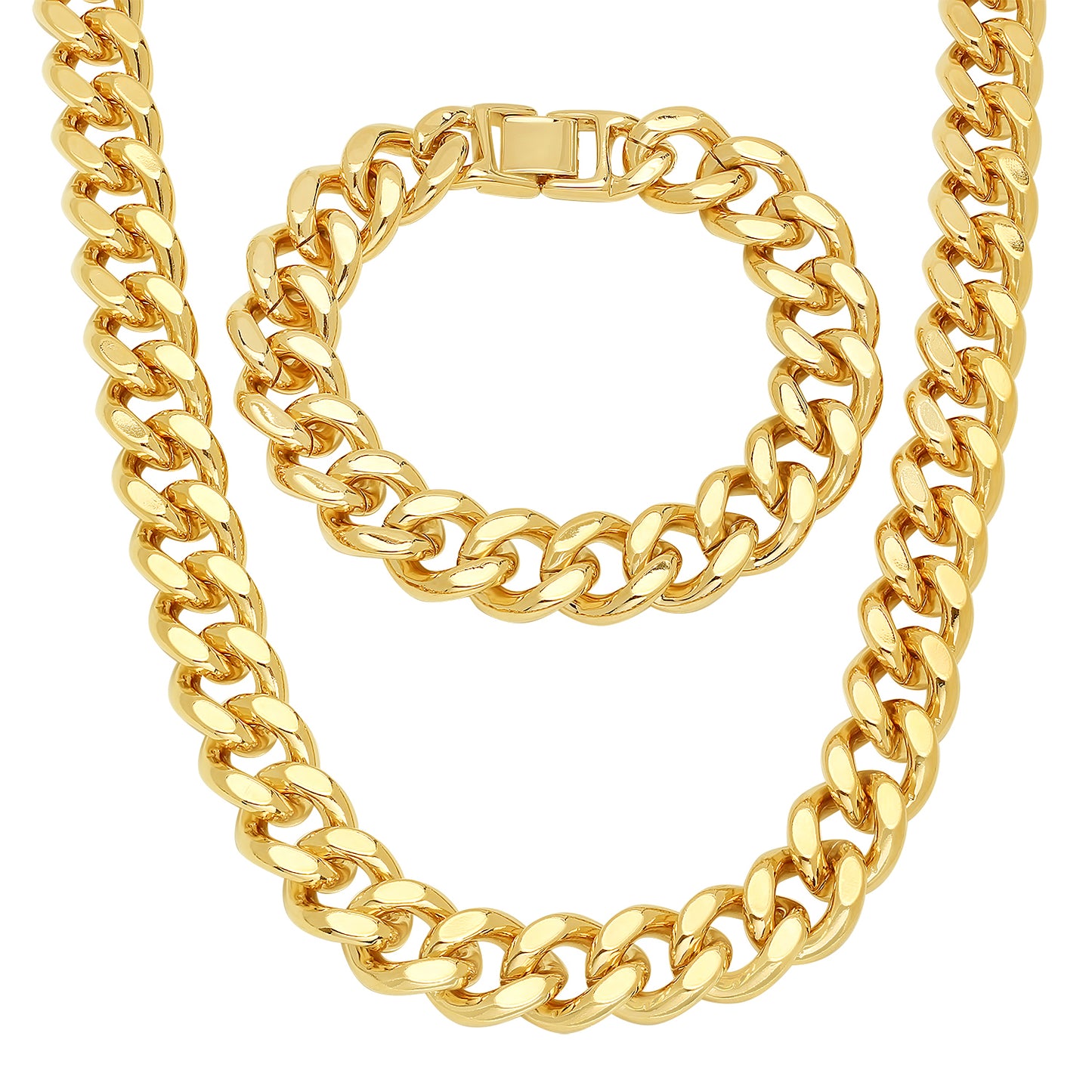 Men's 14.6mm 14k Yellow Gold Plated Flat Cuban Link Curb Chain Necklace + Bracelet Set