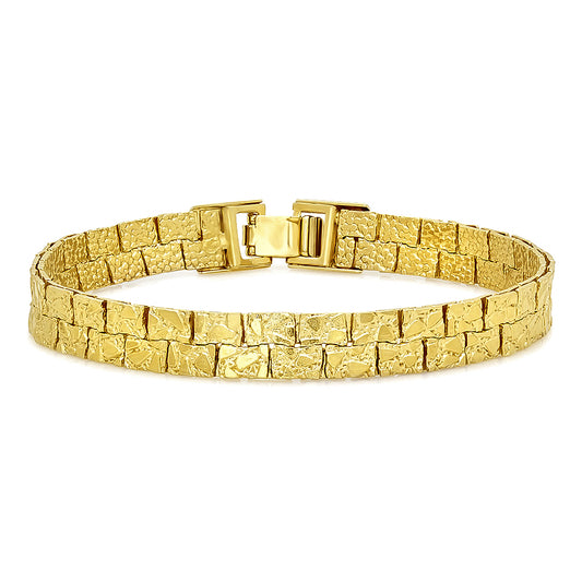 7.5mm Textured 14k Yellow Gold Plated Flat Nugget Link Bracelet