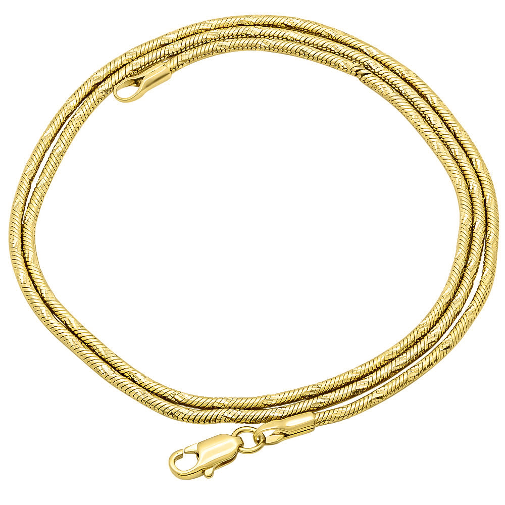 1.5mm-2mm 14k Gold Plated Round Diamond-Cut Snake Chain Necklace or Bracelet 7-30" Made in USA (SKU: GL-SNAKE-CHAINS)