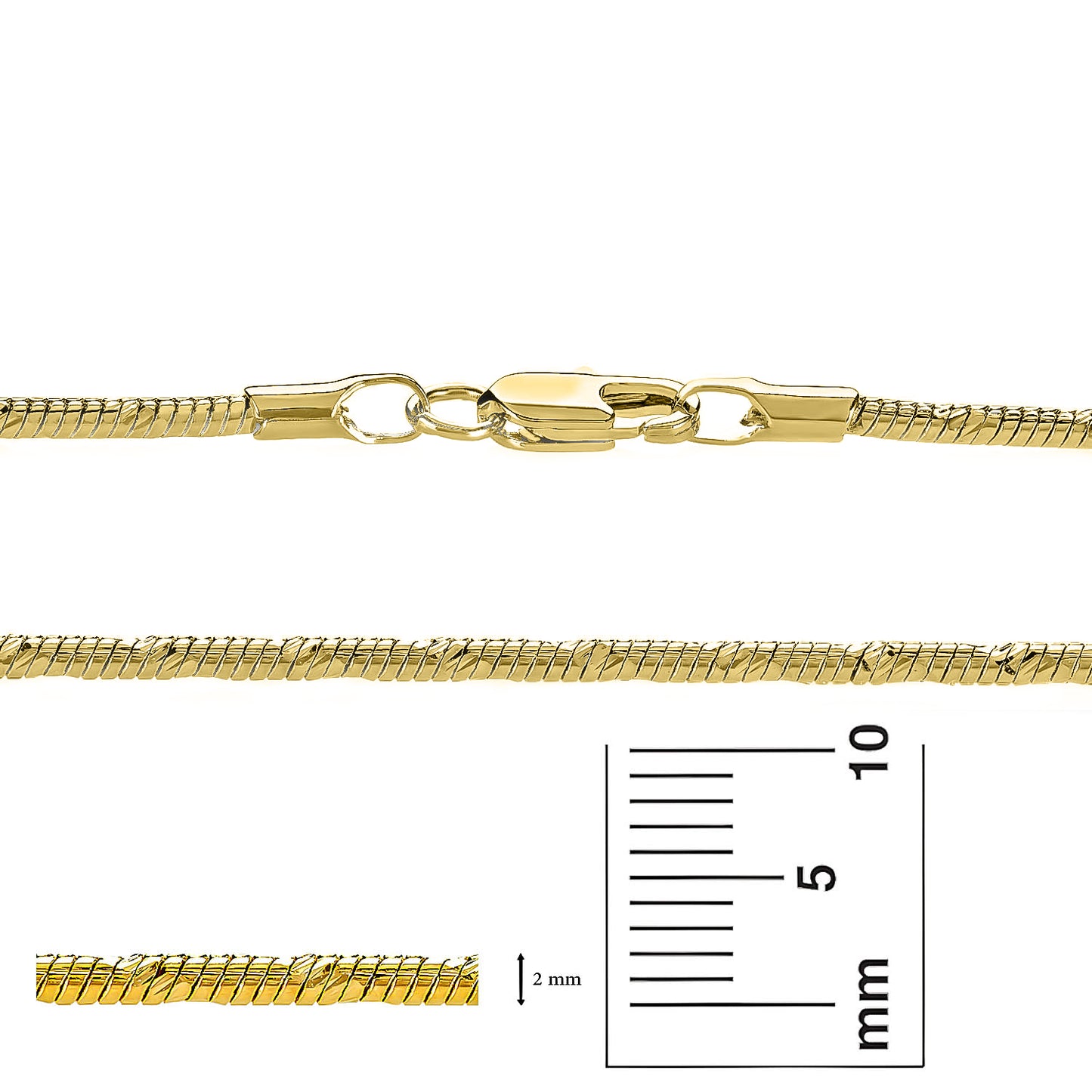 2mm Diamond-Cut 14k Yellow Gold Plated Round Snake Chain Necklace