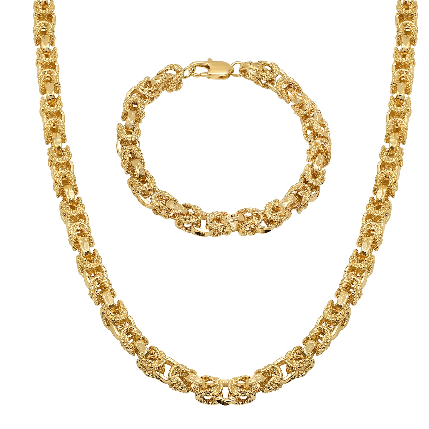 8mm 14k Yellow Gold Plated Puffed Puffed Byzantine Chain Necklace + Bracelet Set