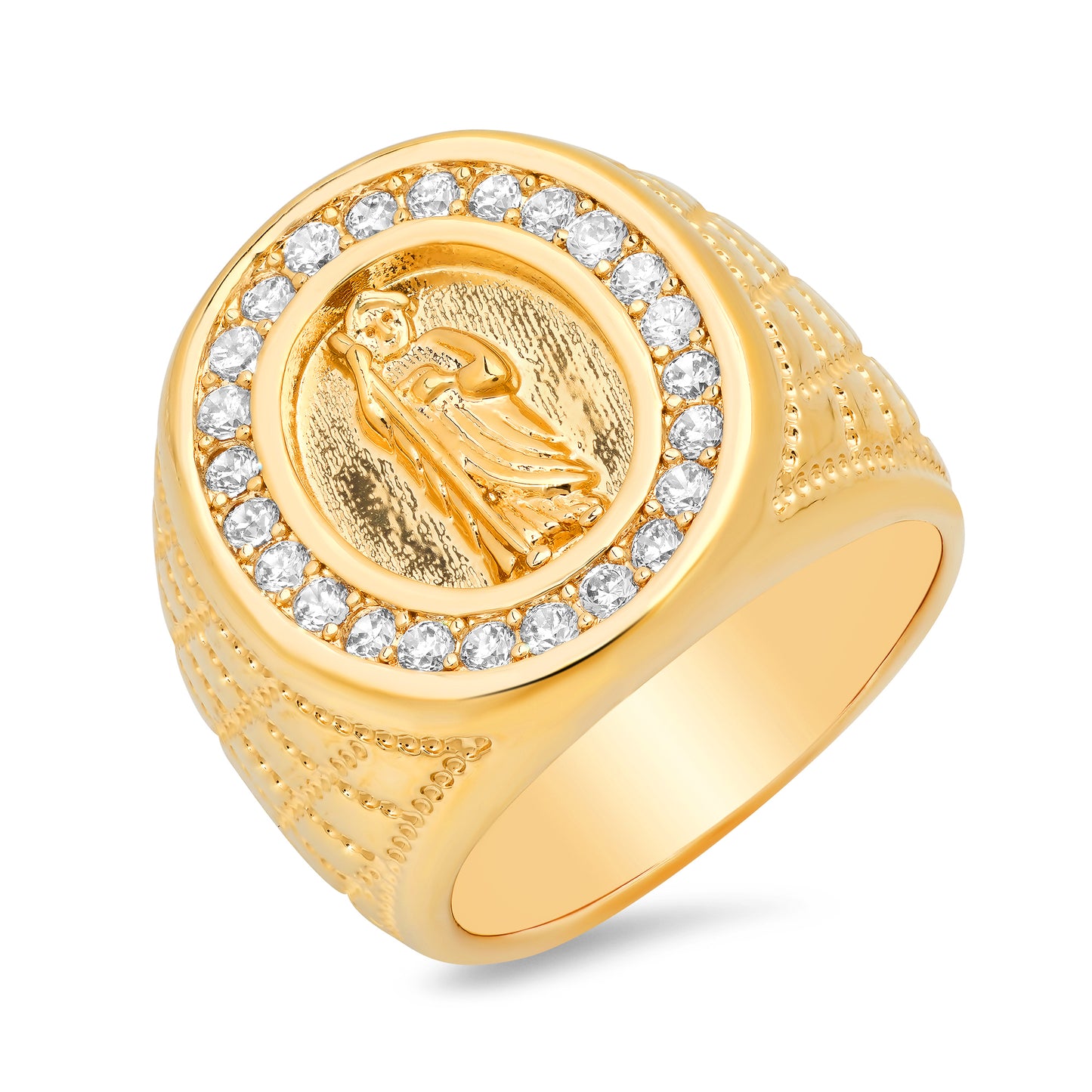 Men's Large Textured 14k Yellow Gold Plated Clear Cubic Zirconia Jesus Signet Ring