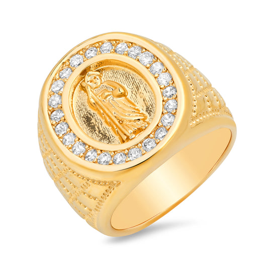 Men's Large Textured 14k Yellow Gold Plated Clear Cubic Zirconia Jesus Signet Ring