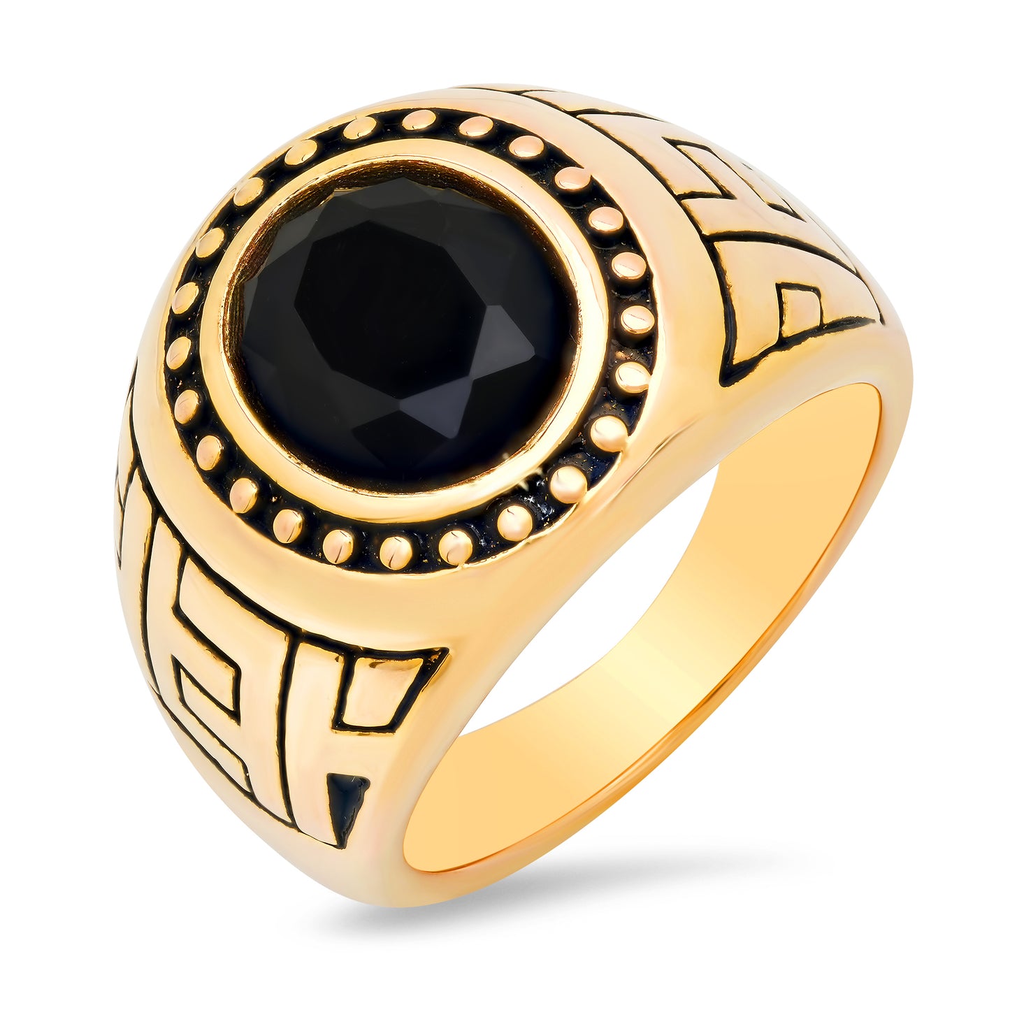 Men's Smooth 14k Yellow Gold Plated Black Onyx Cubic Zirconia Black Onyx Signet Ring