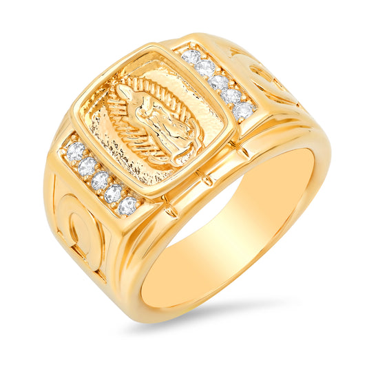 Men's Large Smooth 14k Yellow Gold Plated Clear Cubic Zirconia Jesus Signet Ring