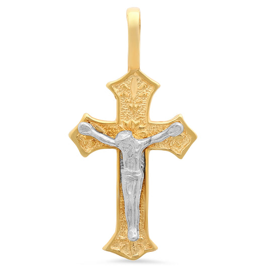 Two-Tone 14k Gold Heavy Plated Textured Passion Crucifix Pendant + Chain Necklace Choose Style (Rope, Figaro, or Curb) Set