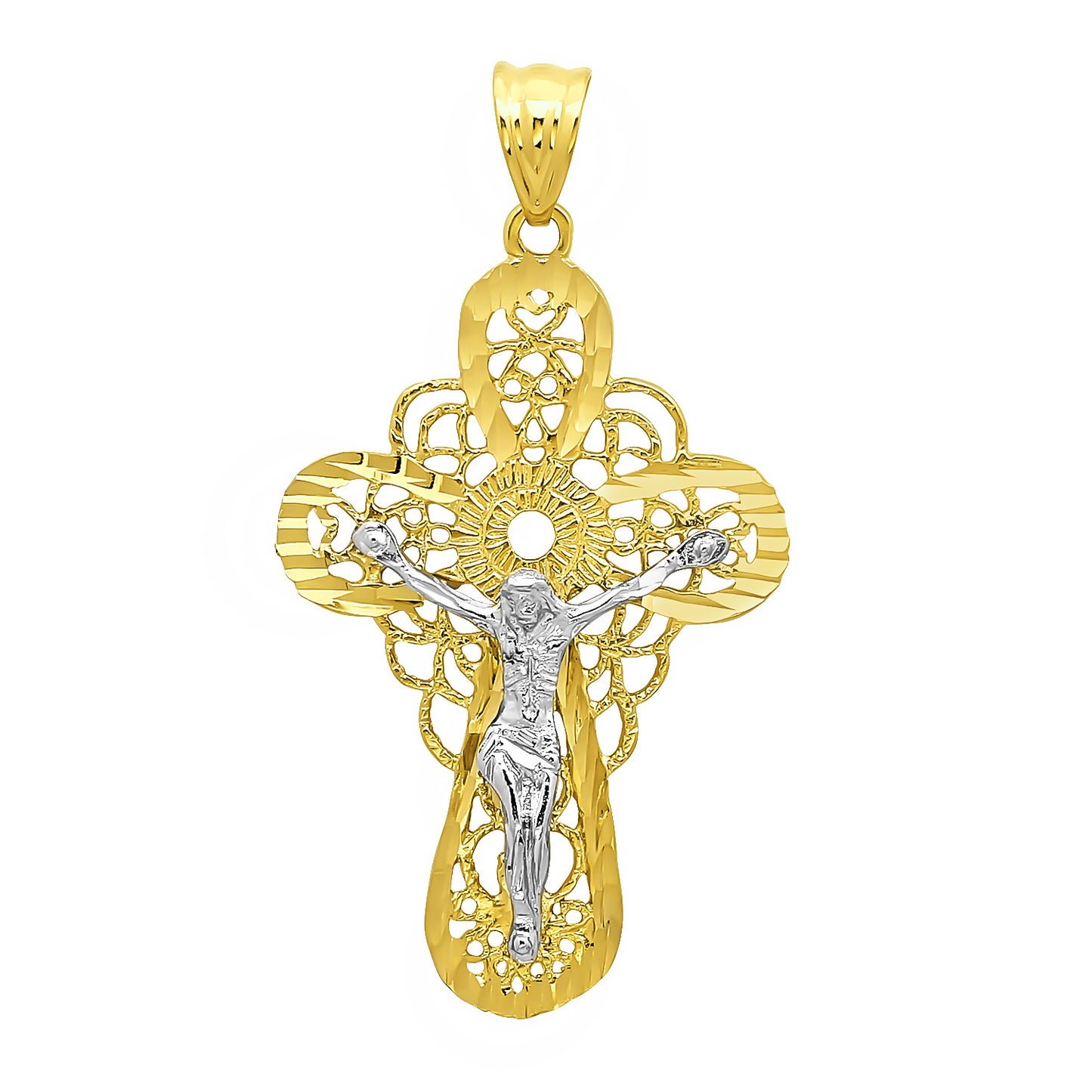 Two-Tone 14k Gold Heavy Plated Filigree Celtic Crucifix Pendant + Chain Necklace Choose Style (Rope, Figaro, or Curb) Set