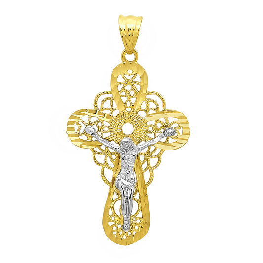 Two-Tone 14k Gold Heavy Plated Filigree Celtic Crucifix Pendant + Chain Necklace Choose Style (Rope, Figaro, or Curb) Set