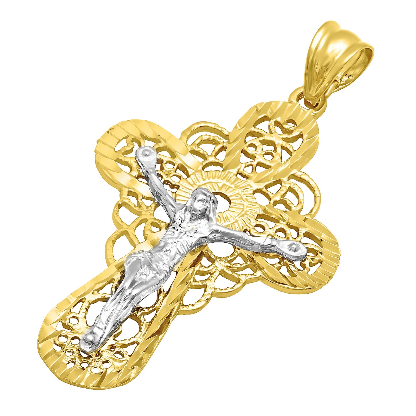 Two-Tone 14k Gold Heavy Plated Filigree Celtic Crucifix Pendant + Chain Necklace Choose Style (Rope, Figaro, or Curb) Set