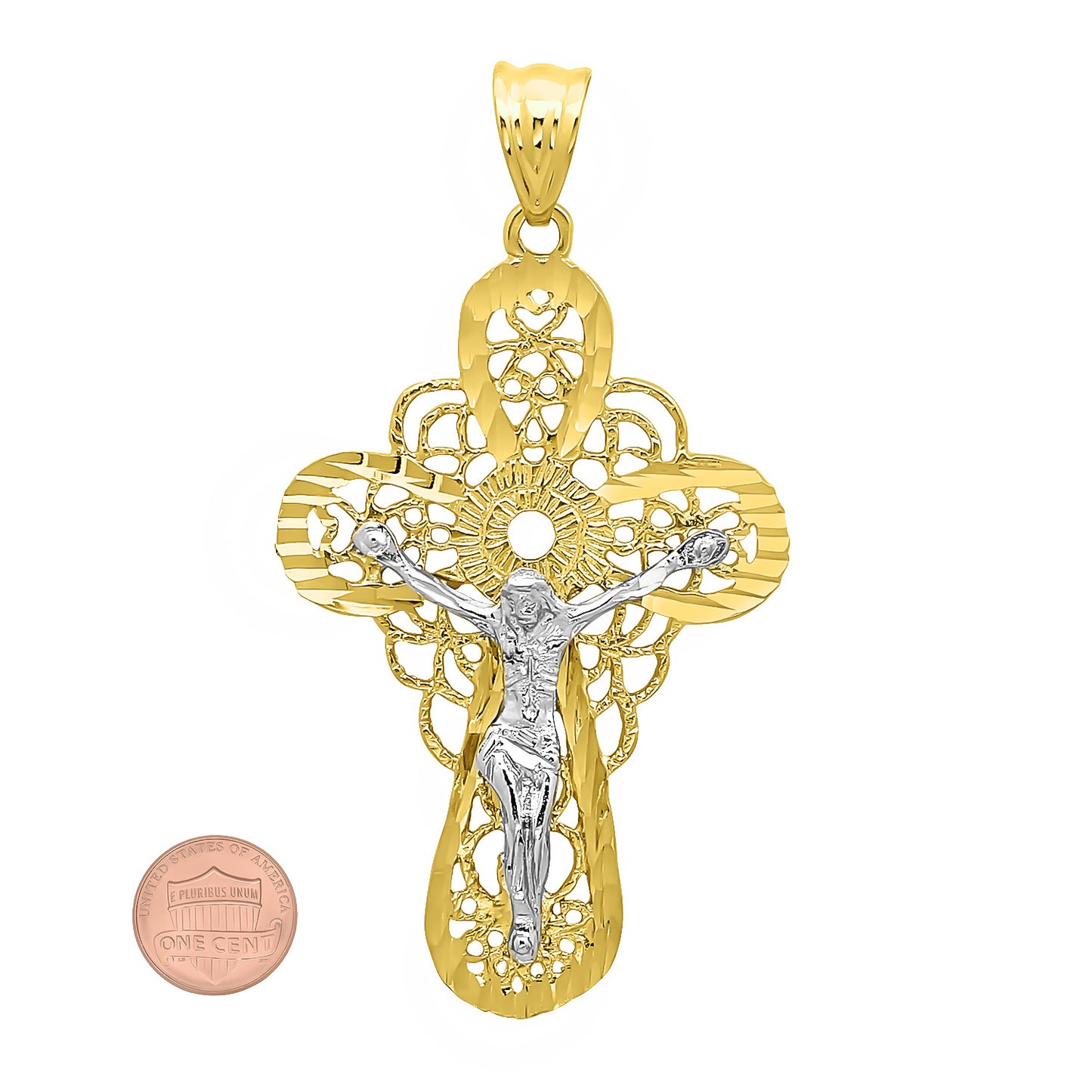 Two-Tone 14k Gold Plated 37mm x 5.6 cm Filigree Celtic Crucifix Pendant + Jewelry Polishing Cloth (SKU: GL-WG3)