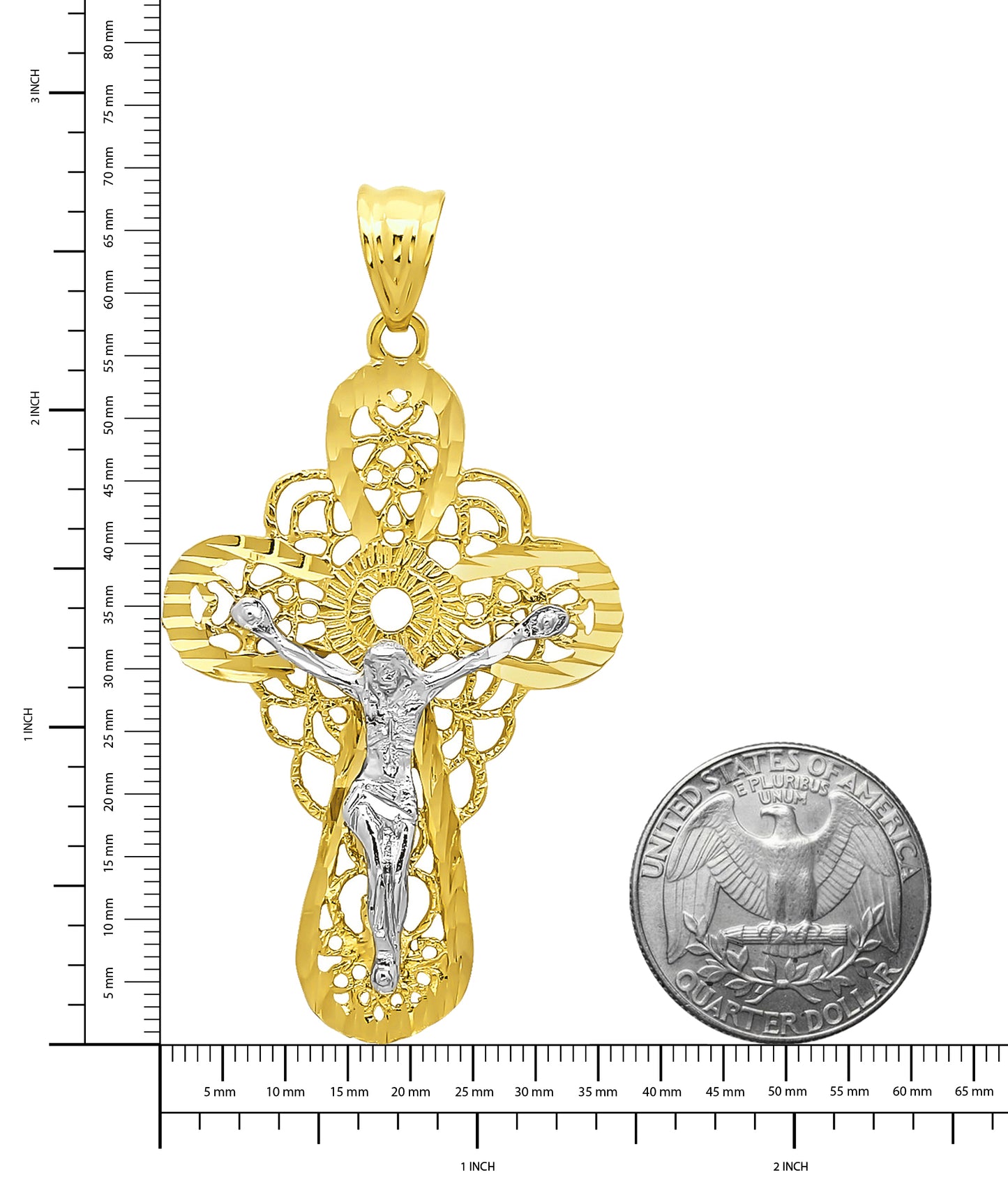 Two-Tone 14k Gold Heavy Plated Filigree Celtic Crucifix Pendant + Chain Necklace Choose Style (Rope, Figaro, or Curb) Set