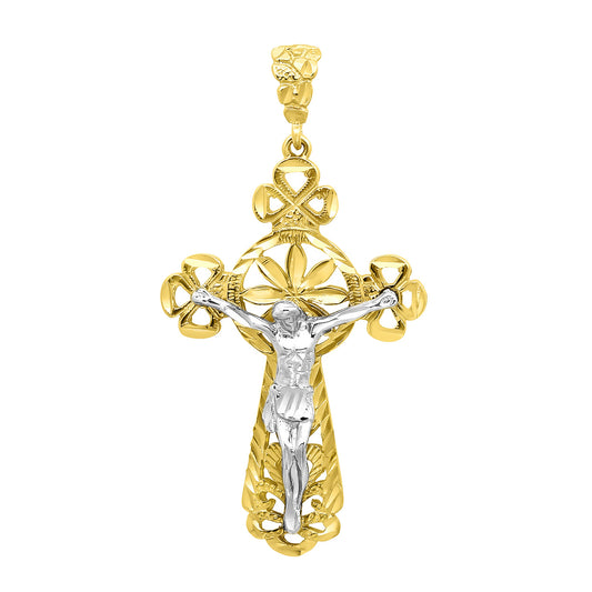 Two-Tone 14k Gold Heavy Plated Tree Of Life Crucifix Pendant + Chain Necklace Choose Style (Rope, Figaro, or Curb) Set