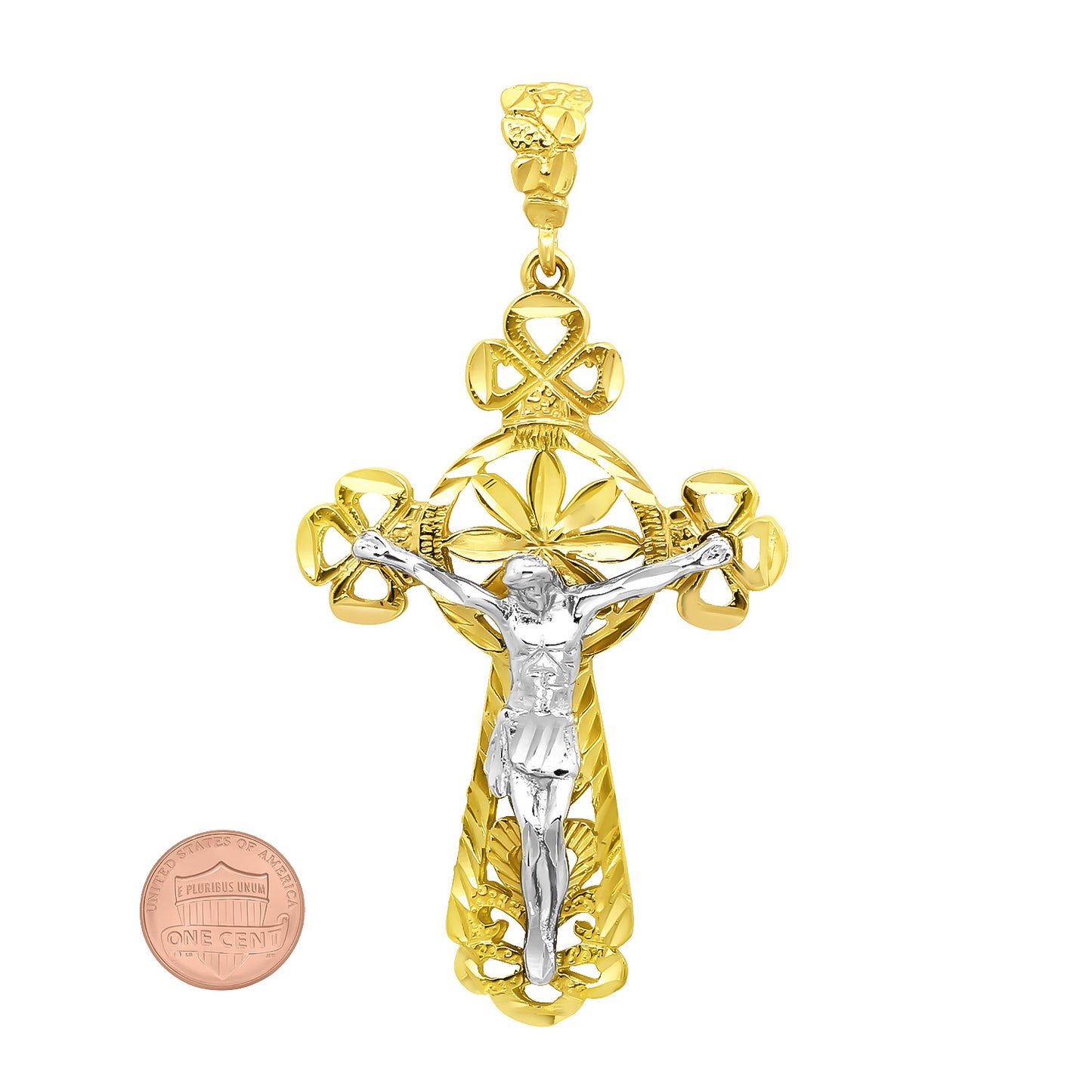Two-Tone 14k Gold Plated 40.5mm x 6.4 cm Tree Of Life Crucifix Pendant + Jewelry Polishing Cloth (SKU: GL-WG7)