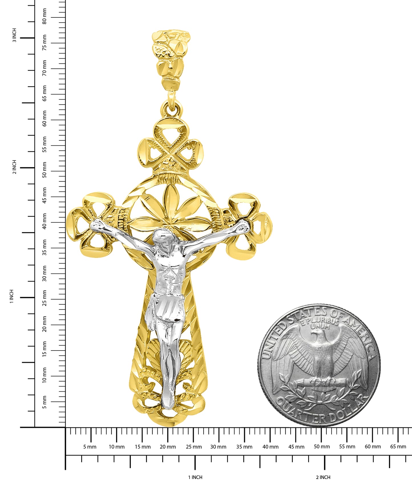 Two-Tone 14k Gold Plated 40.5mm x 6.4 cm Tree Of Life Crucifix Pendant