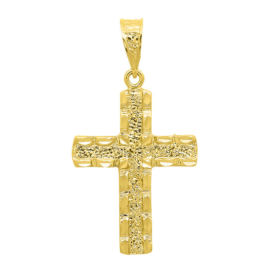 Dappled 14k Gold Heavy Plated Open-End Bordered Cross Pendant + Chain Necklace Choose Style (Rope, Figaro, or Curb) Set