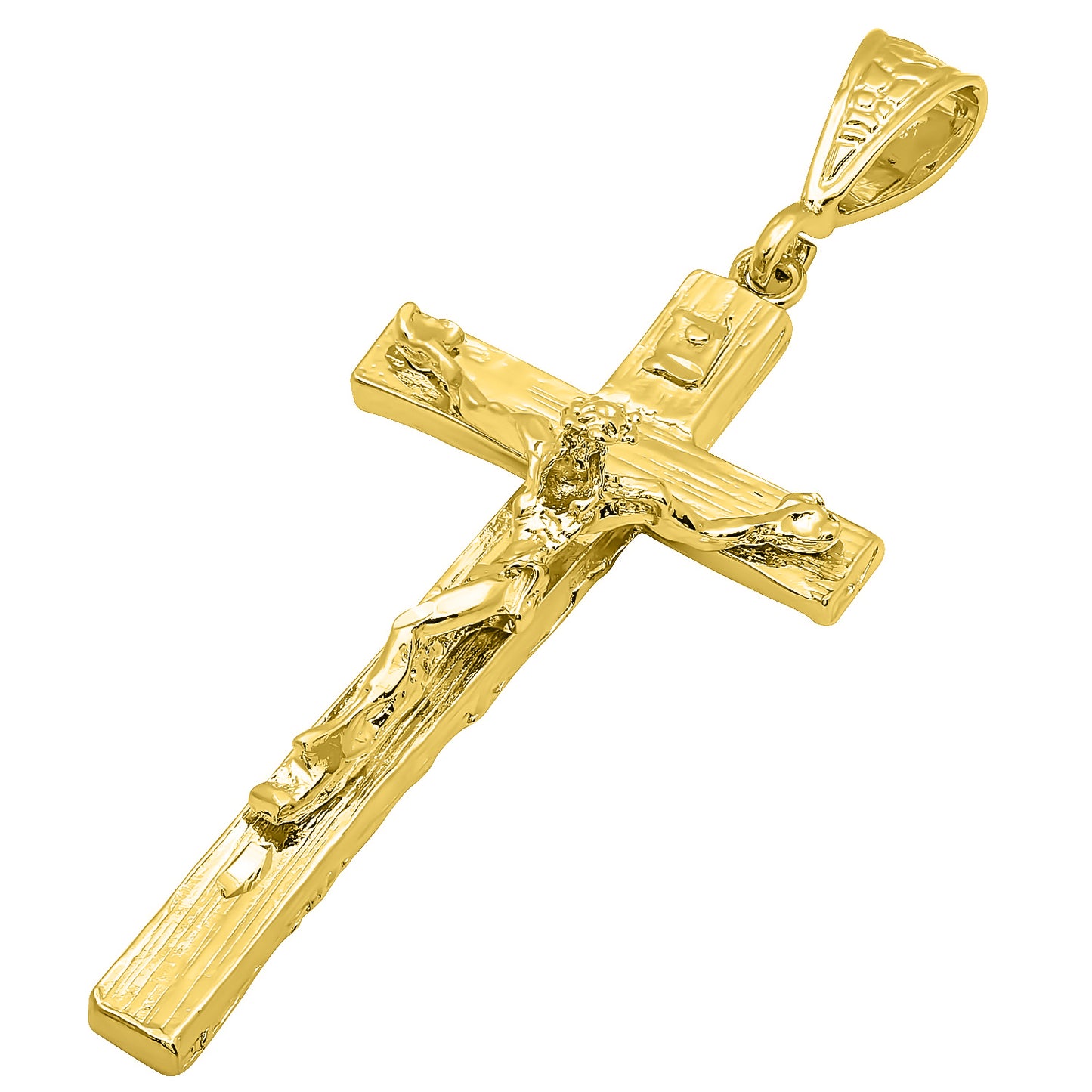 Large 14k Gold Heavy Plated Wood Textured Crucifix Pendant + Chain Necklace Choose Style (Rope, Figaro, or Curb) Set