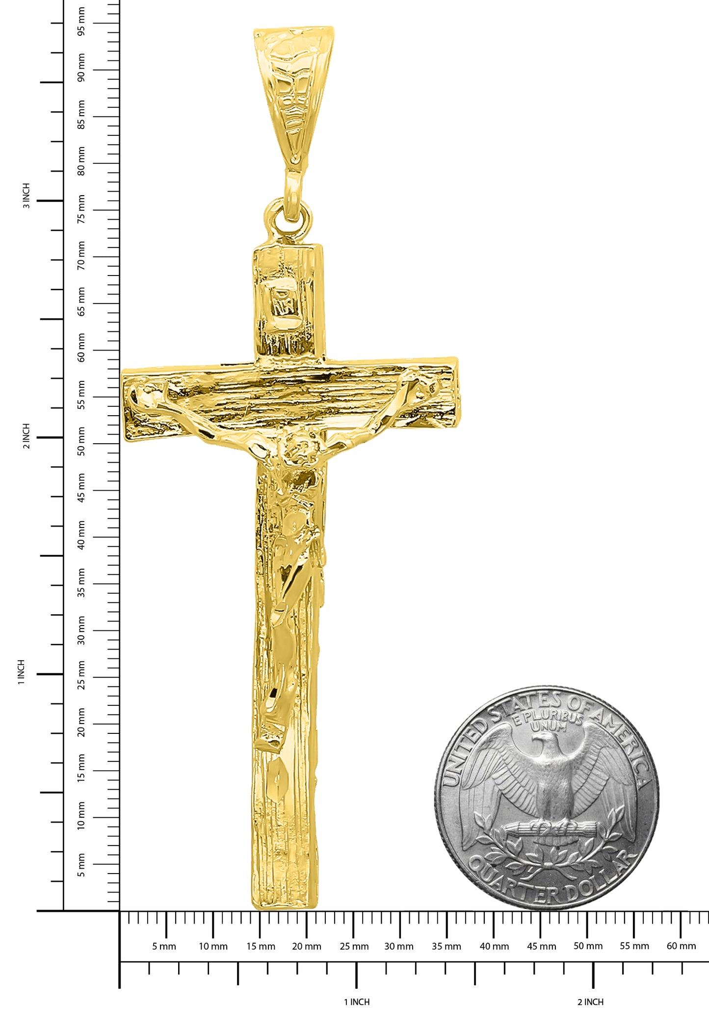 Large 14k Gold Heavy Plated Wood Textured Crucifix Pendant + Chain Necklace Choose Style (Rope, Figaro, or Curb) Set