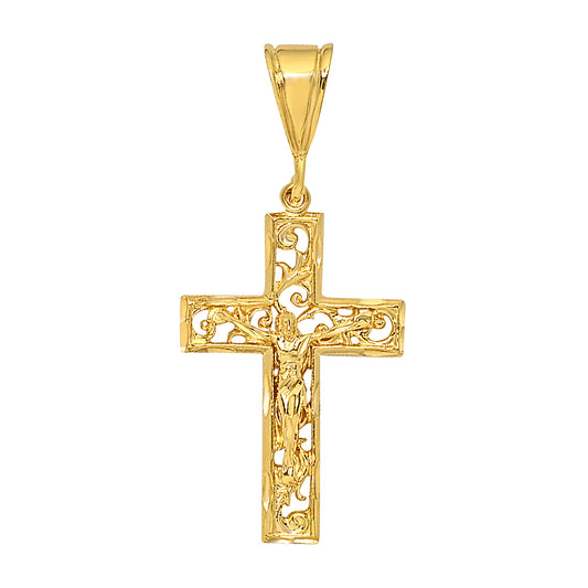 Large 14k Gold Heavy Plated Open Filigree Vine Crucifix Pendant + Chain Necklace Choose Style (Rope, Figaro, or Curb) Set