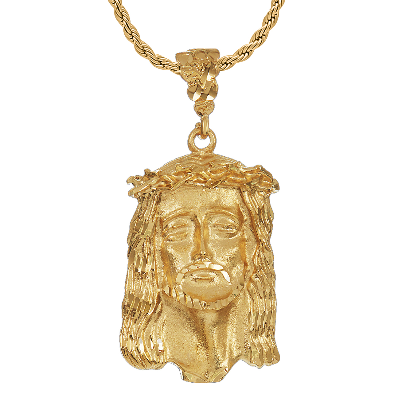 Jesus Piece Face of Christ Pendant + Necklace Set 14K Gold Heavy Plated Crown Of Thorns - choose chain (Rope, Curb, or Figaro) & length