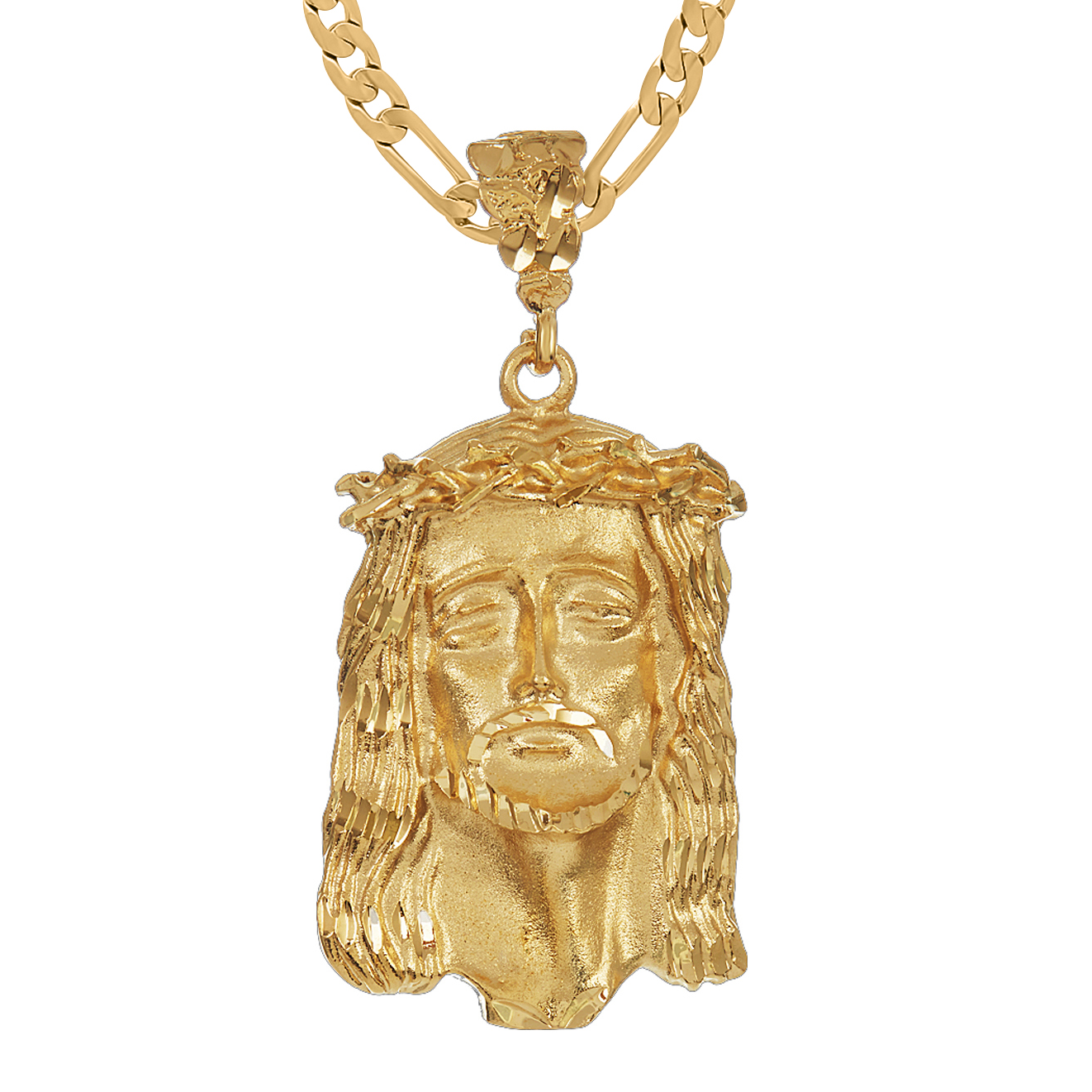 Jesus Piece Face of Christ Pendant + Necklace Set 14K Gold Heavy Plated Crown Of Thorns - choose chain (Rope, Curb, or Figaro) & length