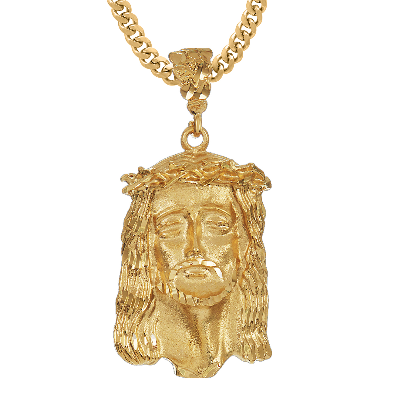 Jesus Piece Face of Christ Pendant + Necklace Set 14K Gold Heavy Plated Crown Of Thorns - choose chain (Rope, Curb, or Figaro) & length