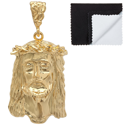 Men's 14k Gold Heavy Plated Crown Of Thorns Jesus Face Pendant + Chain Necklace Choose Style (Rope, Figaro, or Curb) Set - Premium Gift Box