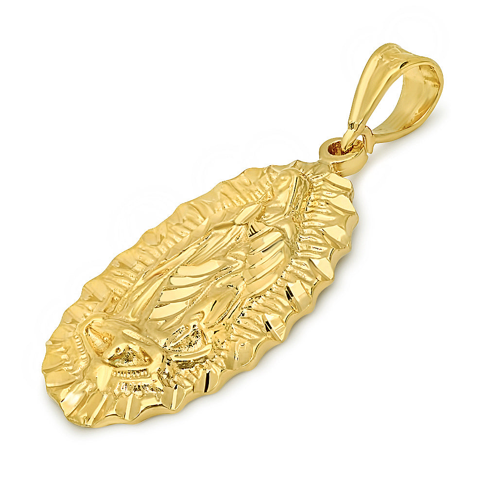 Large 14k Gold Heavy Plated Virgin Mary Of Guadalupe Pendant + Chain Necklace Choose Style (Rope, Figaro, or Curb) Set