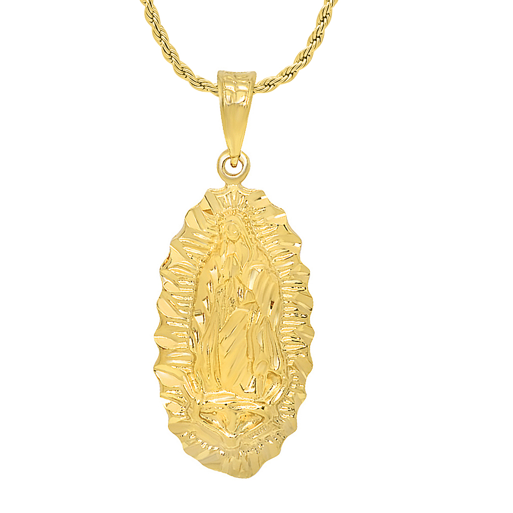 Large 14k Gold Heavy Plated Virgin Mary Of Guadalupe Pendant + Chain Necklace Choose Style (Rope, Figaro, or Curb) Set