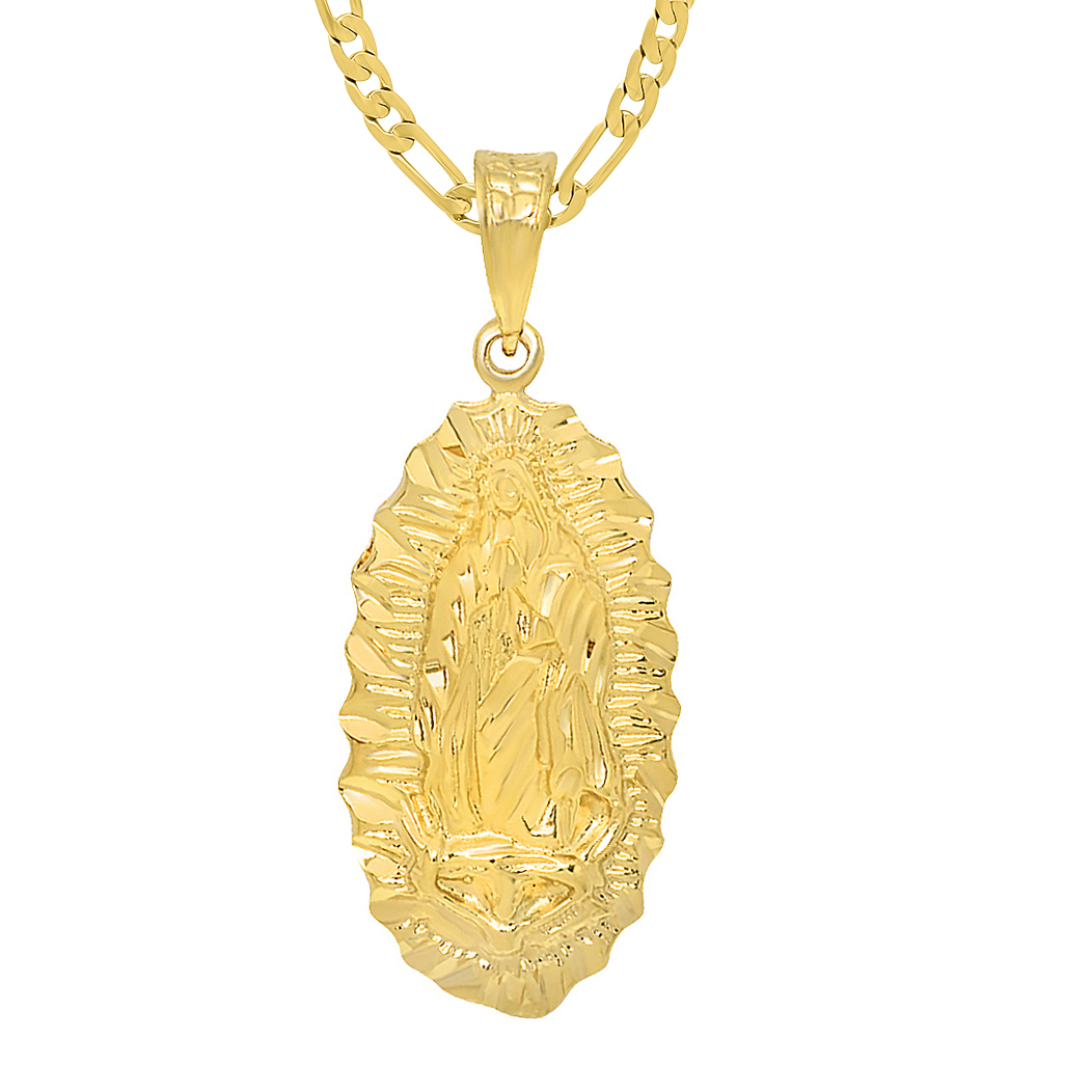 Large 14k Gold Heavy Plated Virgin Mary Of Guadalupe Pendant + Chain Necklace Choose Style (Rope, Figaro, or Curb) Set