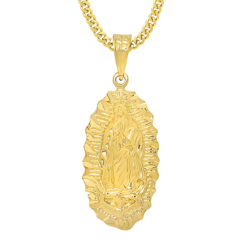 Large 14k Gold Heavy Plated Virgin Mary Of Guadalupe Pendant + Chain Necklace Choose Style (Rope, Figaro, or Curb) Set