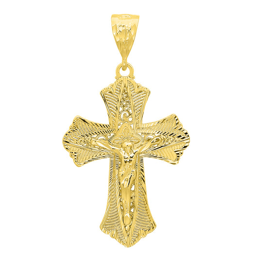 Large 14k Gold Heavy Plated Ornate Patonce Crucifix Pendant + Chain Necklace Choose Style (Rope, Figaro, or Curb) Set