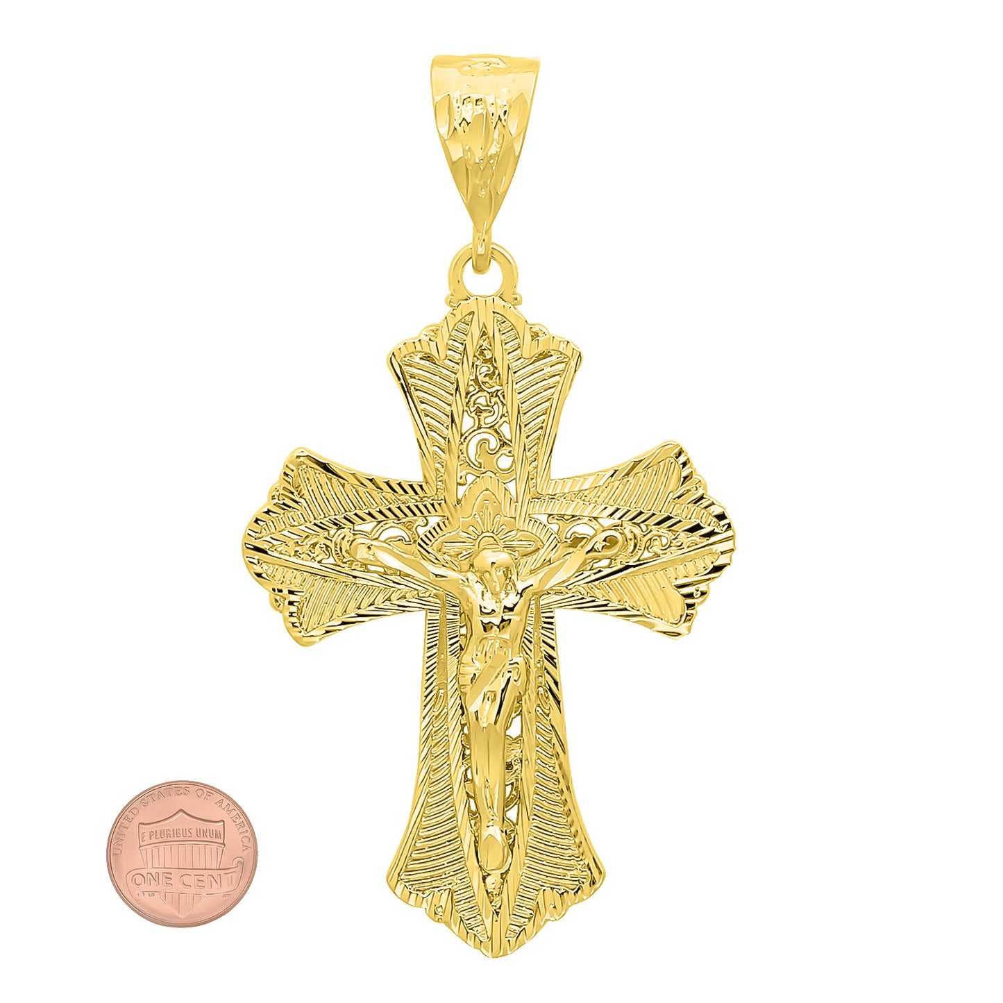 Large 39.5mm x 5.3 cm 14k Gold Plated Ornate Patonce Crucifix Pendant