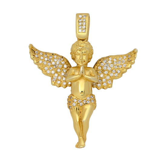 Gold Plated Silver Praying Winged Angel Pendant w/CZ Accents