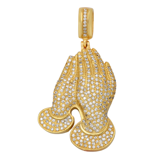 Iced Out Gold Plated Silver Praying Hands Pendant w/Pave CZs