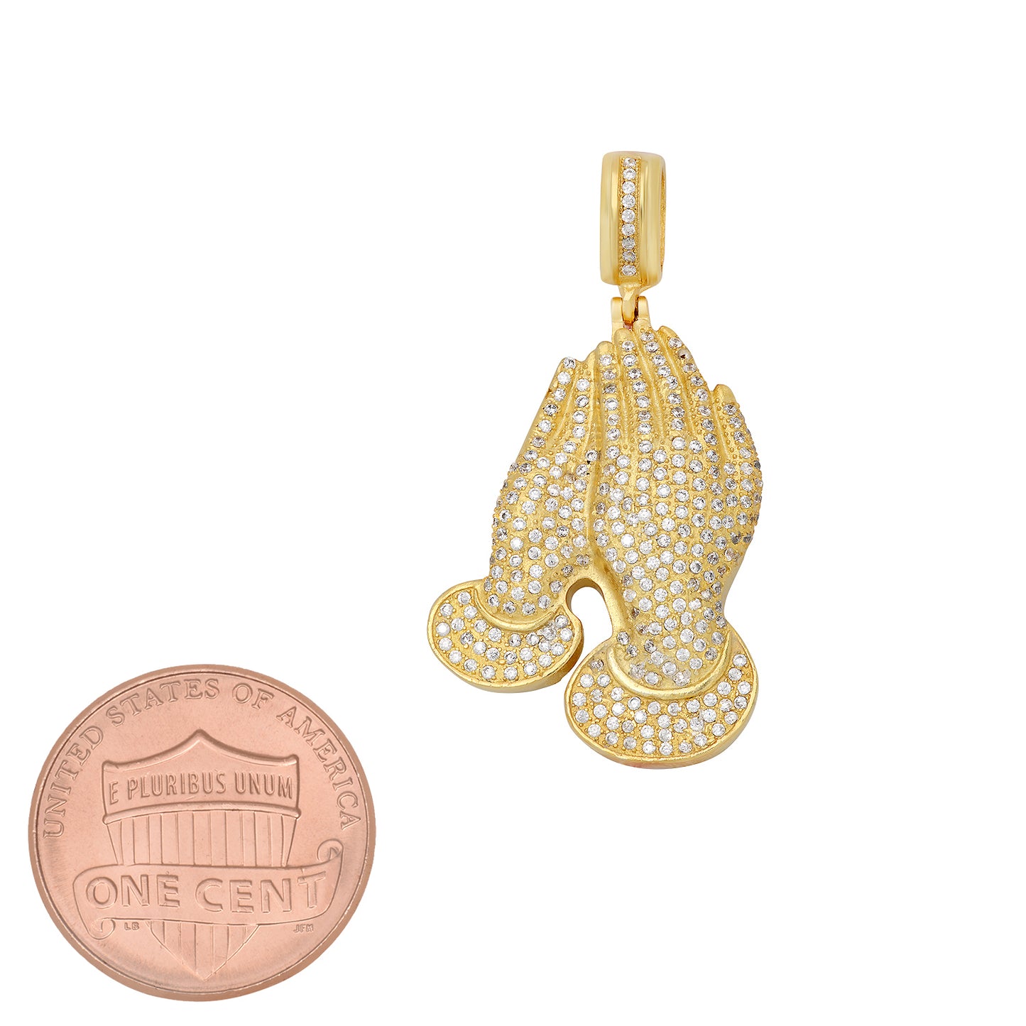 Iced Out Gold Plated Silver Praying Hands Pendant w/Pave CZs