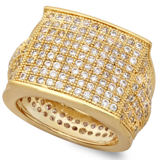 Hip Hop 14k Gold Plated Micropave CZ 16.5mm Domed Block Top Bling Ring