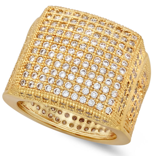 Large 14k Gold Plated Iced Out Micropave CZ 20mm Domed Block Top Ring