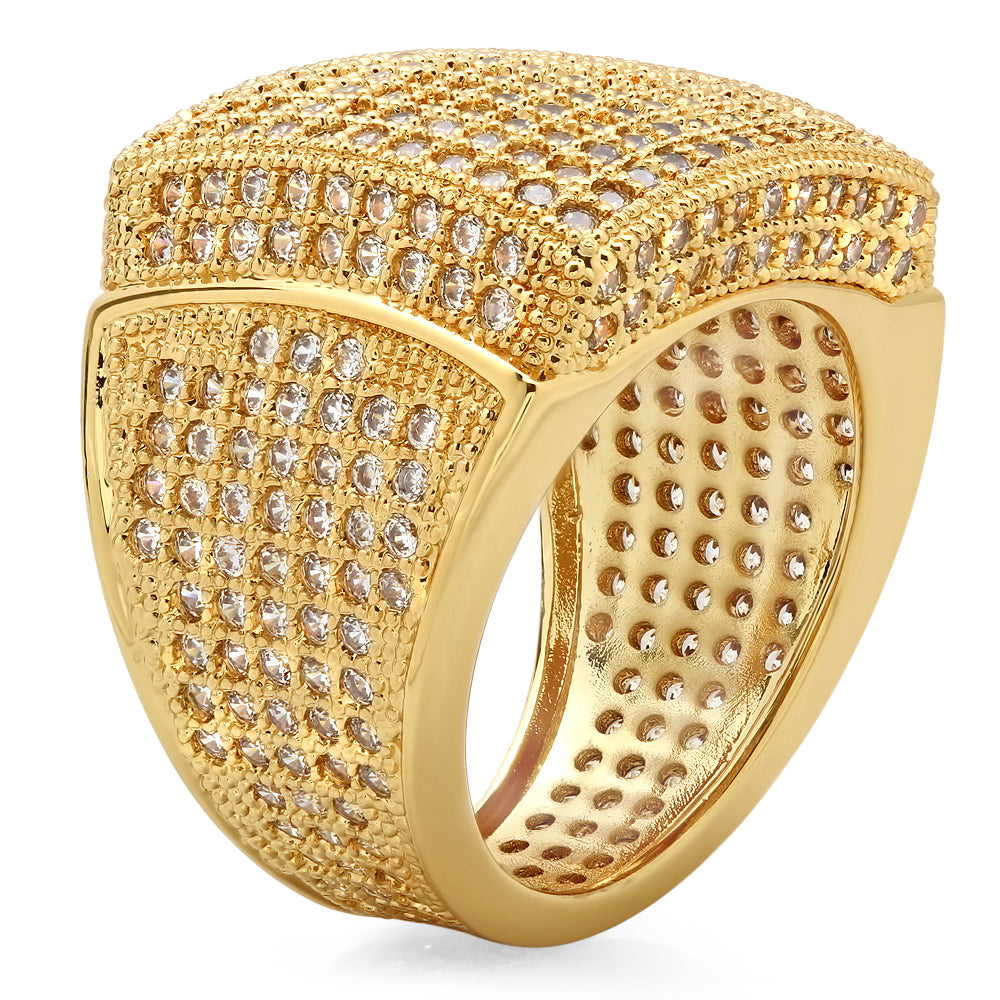 Large 14k Gold Plated Iced Out Micropave CZ 20mm Domed Block Top Ring