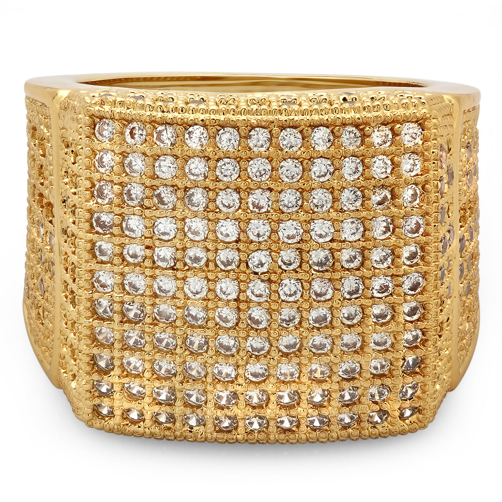 Large 14k Gold Plated Iced Out Micropave CZ 20mm Domed Block Top Ring