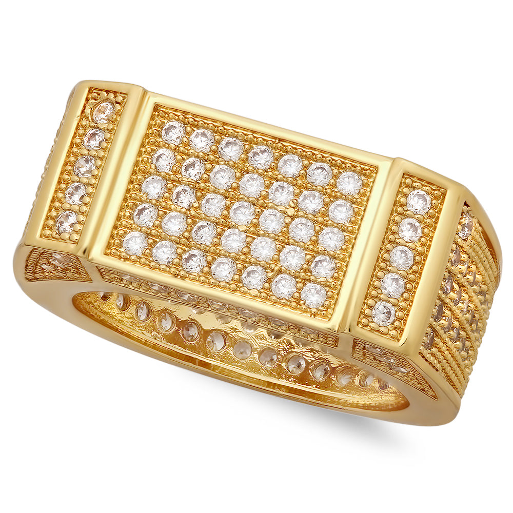 Iced Out 14k Gold Plated Bar & Micropave CZ 11.5mm Flat Top Band Ring