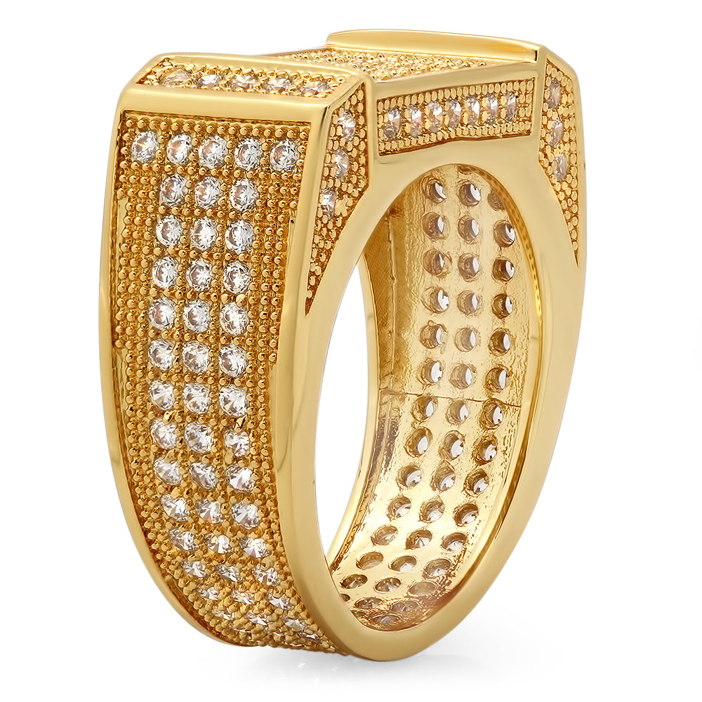 Iced Out 14k Gold Plated Bar & Micropave CZ 11.5mm Flat Top Band Ring