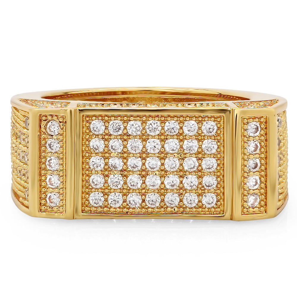 Iced Out 14k Gold Plated Bar & Micropave CZ 11.5mm Flat Top Band Ring