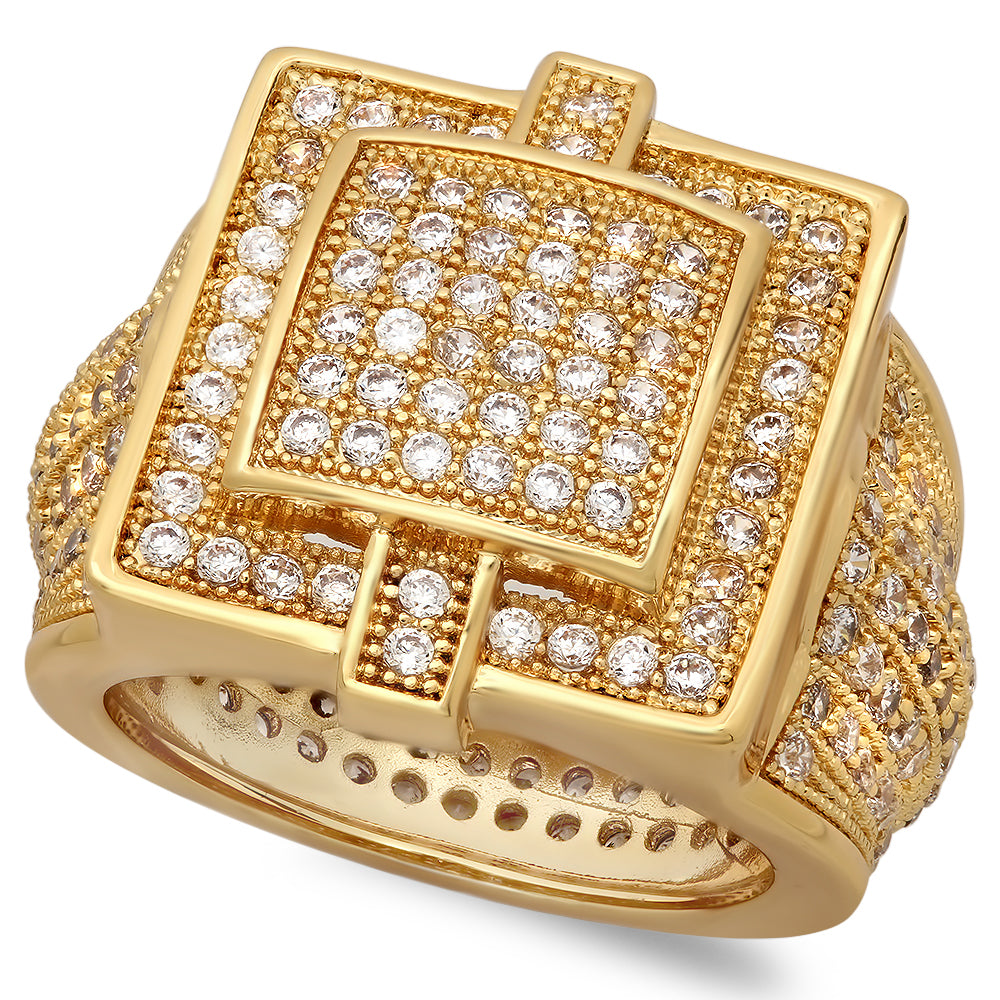 14k Gold Plated Square Micro-Pave Iced Out Cubic Zirconia Hip Hop Ring + Gift Box