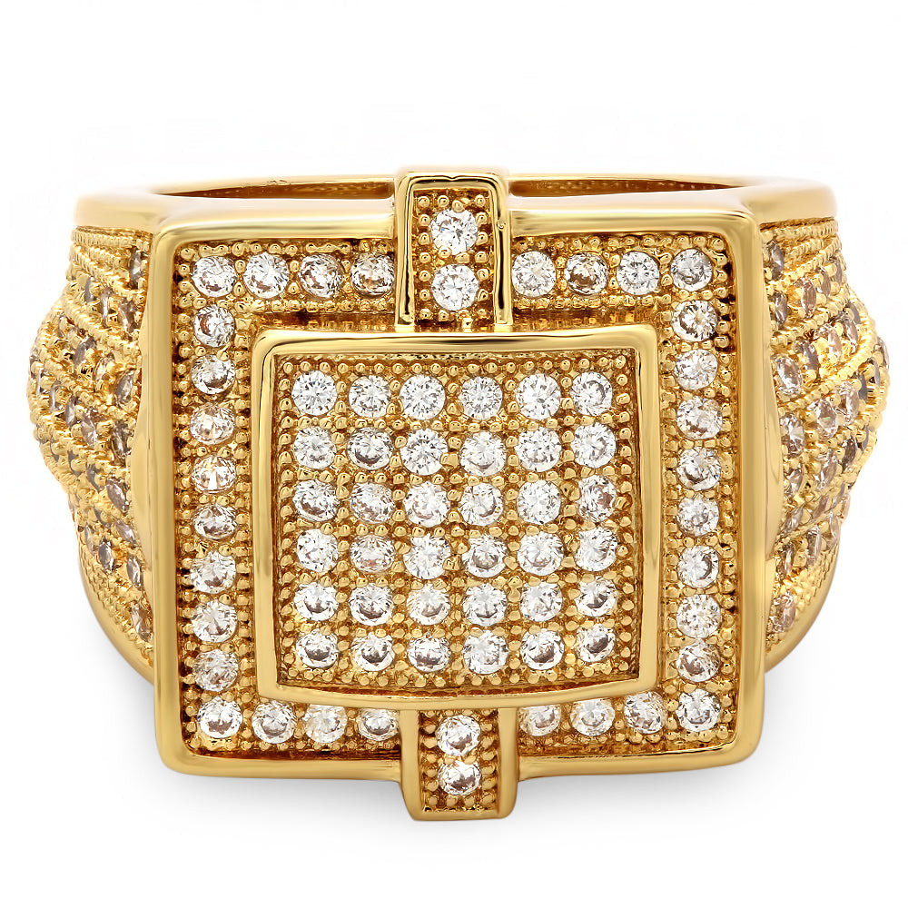 14k Gold Plated Square Micro-Pave Iced Out Cubic Zirconia Hip Hop Ring + Gift Box