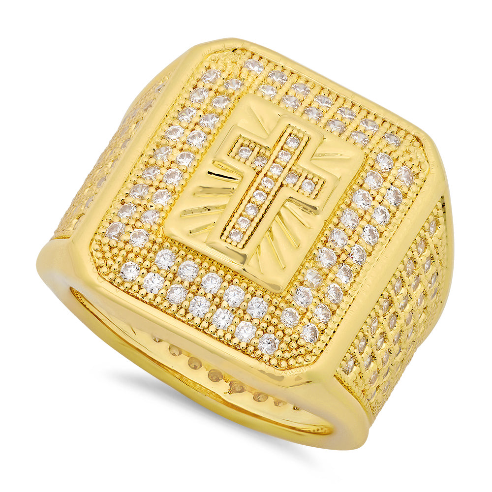 Hip Hop 14k Gold Plated Iced Out Micropave CZ 21.5mm Cross Bling Ring