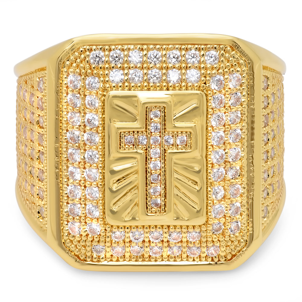 Hip Hop 14k Gold Plated Iced Out Micropave CZ 21.5mm Cross Bling Ring