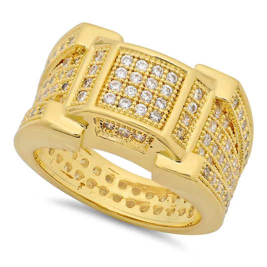 14k Gold Plated Micropave CZ 13.5mm Framed Square Center Ring Band