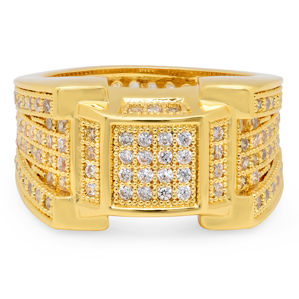 14k Gold Plated Micropave CZ 13.5mm Framed Square Center Ring Band