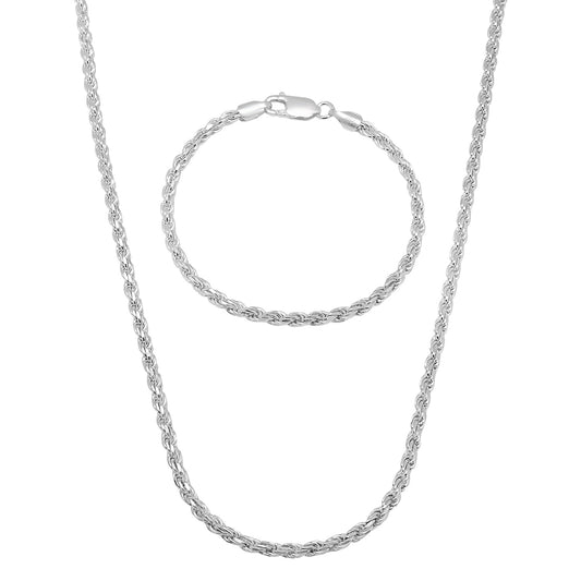 3.2mm .925 Sterling Silver Diamond-Cut Twisted Rope Chain Necklace + Bracelet Set