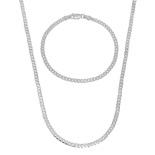 3mm Solid .925 Sterling Silver Flat Cuban Link Curb Chain Necklace + Bracelet Set